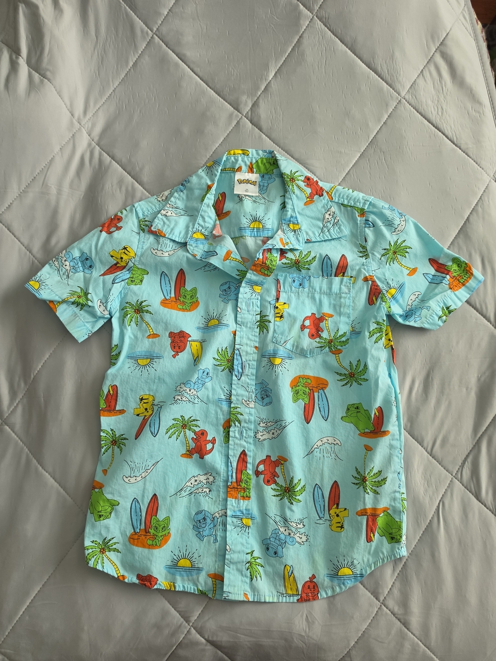 Pokemon Kids Light Blue Tropical Print Button Up Shirt Small